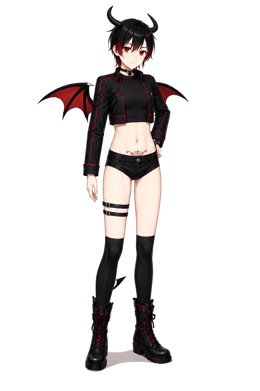 Dusk Imp — horned, winged VTuber model in a black crop jacket